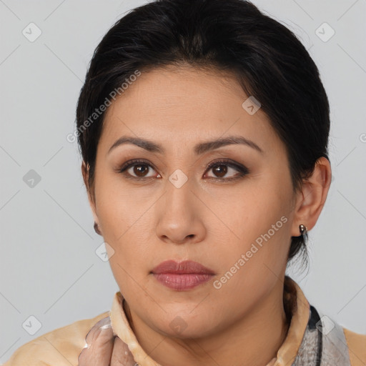 Neutral asian young-adult female with medium  brown hair and brown eyes