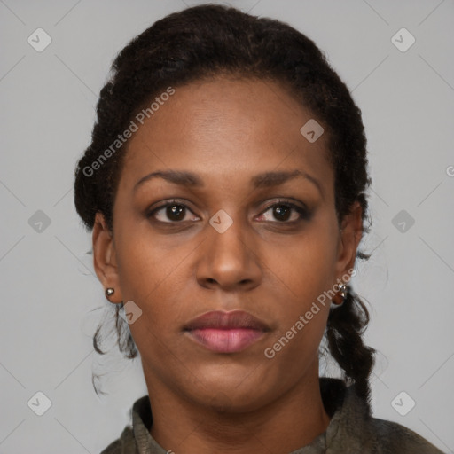 Neutral black young-adult female with long  brown hair and brown eyes