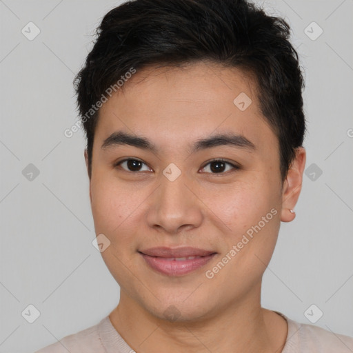 Joyful white young-adult male with short  brown hair and brown eyes