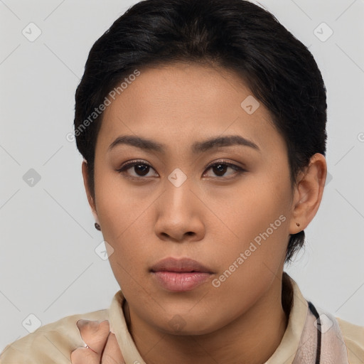 Neutral asian young-adult female with short  black hair and brown eyes