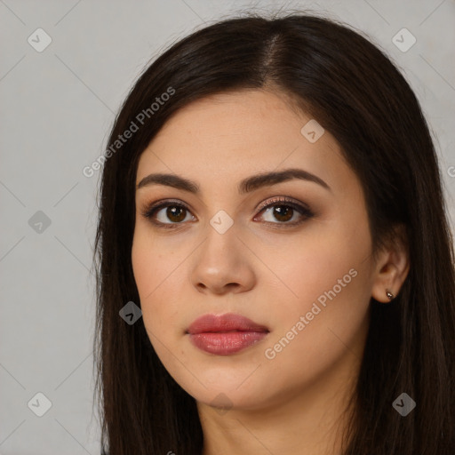 Neutral white young-adult female with long  brown hair and brown eyes