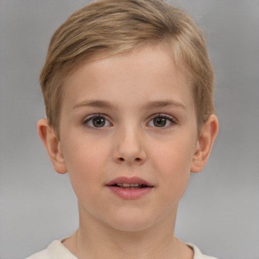 Joyful white child female with short  brown hair and brown eyes