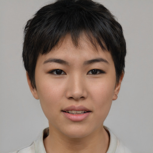Neutral asian young-adult female with short  brown hair and brown eyes