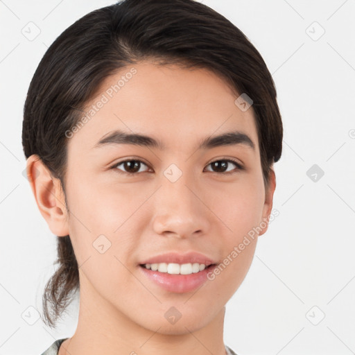 Joyful white young-adult male with medium  brown hair and brown eyes