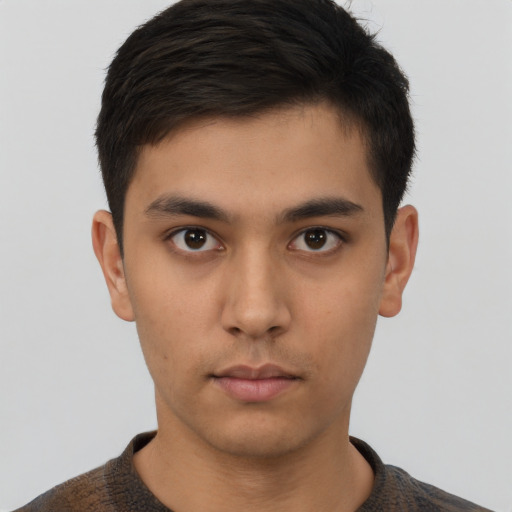 Neutral asian young-adult male with short  brown hair and brown eyes