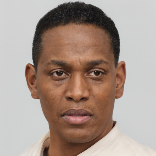 Neutral black adult male with short  black hair and brown eyes