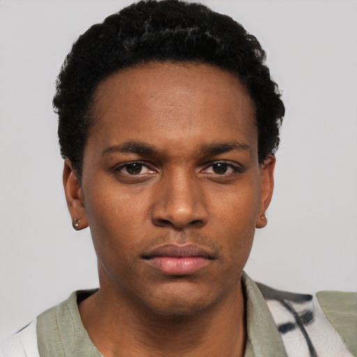 Neutral black young-adult male with short  black hair and brown eyes