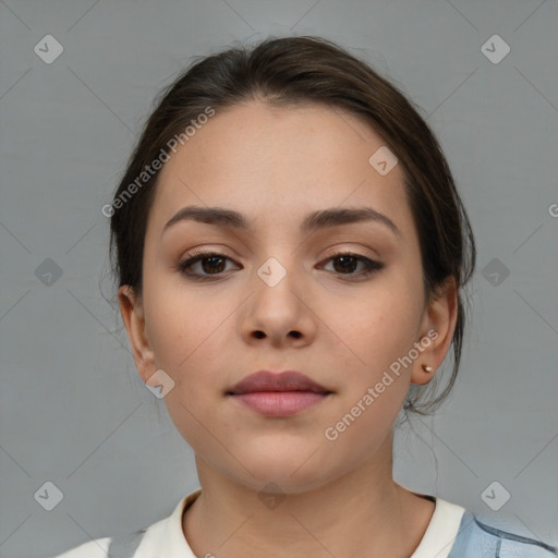 Neutral white young-adult female with medium  brown hair and brown eyes