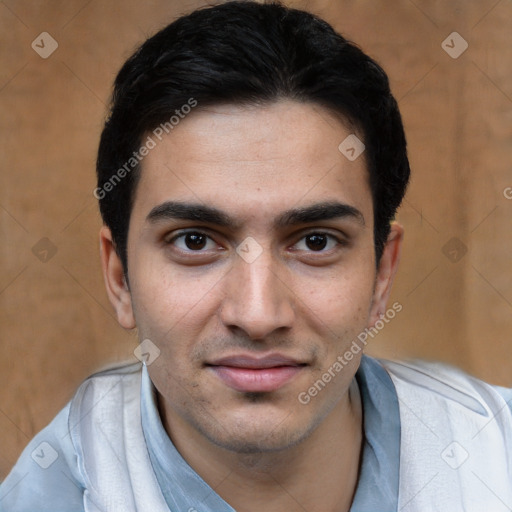 Joyful white young-adult male with short  black hair and brown eyes