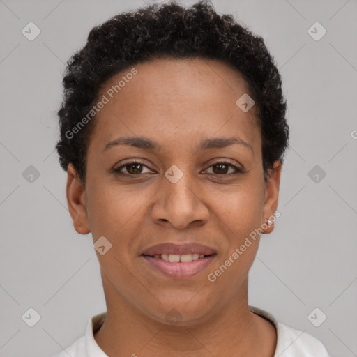 Joyful latino young-adult female with short  brown hair and brown eyes