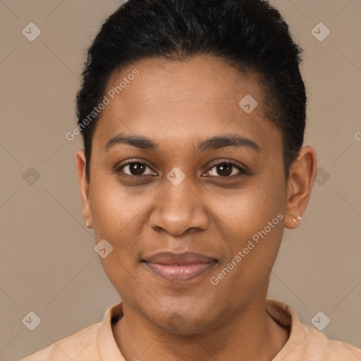 Joyful black young-adult female with short  brown hair and brown eyes