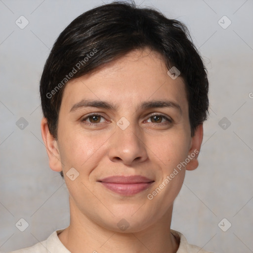 Joyful white young-adult female with short  brown hair and brown eyes