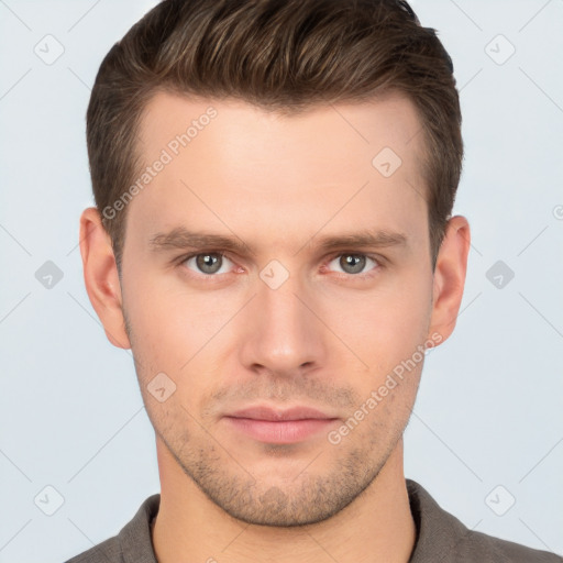 Neutral white young-adult male with short  brown hair and brown eyes