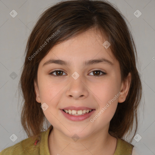 Joyful white child female with medium  brown hair and brown eyes