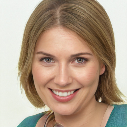 Joyful white young-adult female with medium  brown hair and green eyes