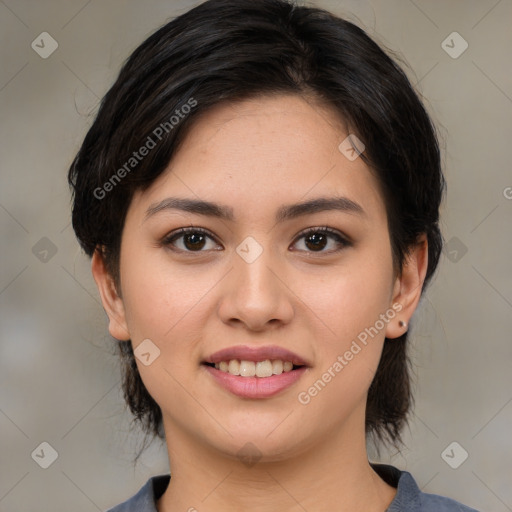 Joyful white young-adult female with medium  black hair and brown eyes