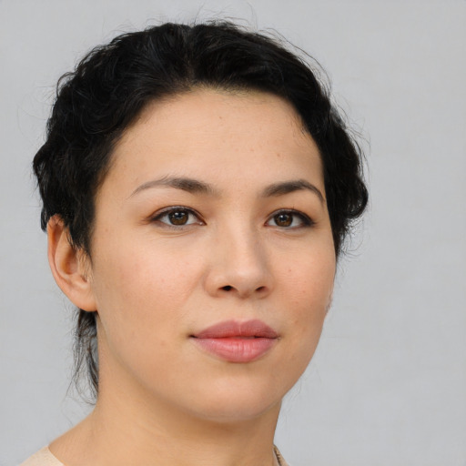 Neutral asian young-adult female with short  brown hair and brown eyes
