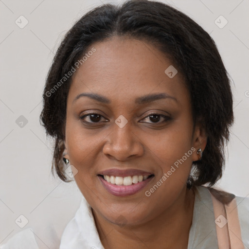 Joyful black young-adult female with medium  brown hair and brown eyes