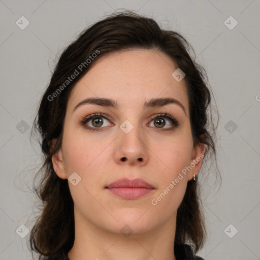 Neutral white young-adult female with medium  brown hair and brown eyes