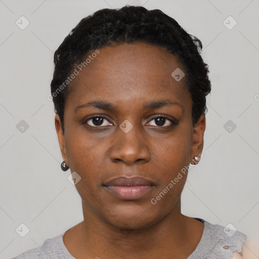 Neutral black young-adult female with short  black hair and brown eyes