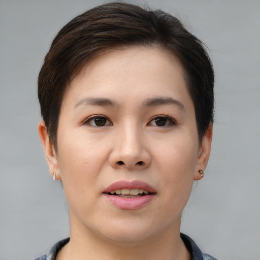 Joyful asian young-adult female with short  brown hair and brown eyes