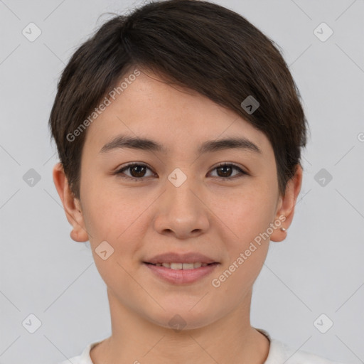 Joyful asian young-adult female with short  brown hair and brown eyes