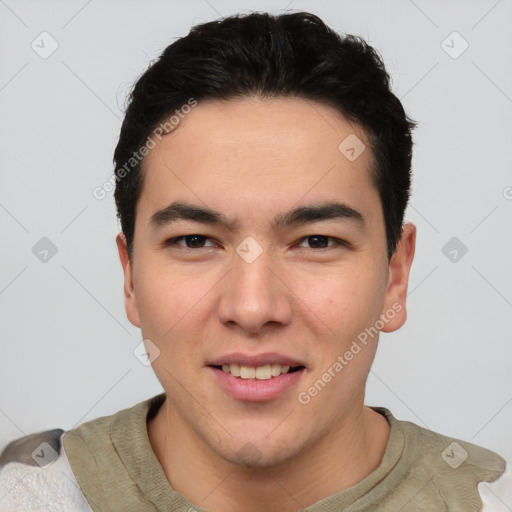 Joyful asian young-adult male with short  black hair and brown eyes