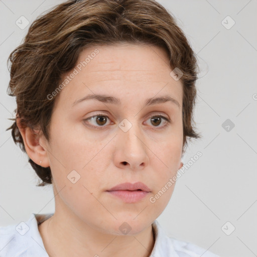 Neutral white young-adult female with short  brown hair and brown eyes