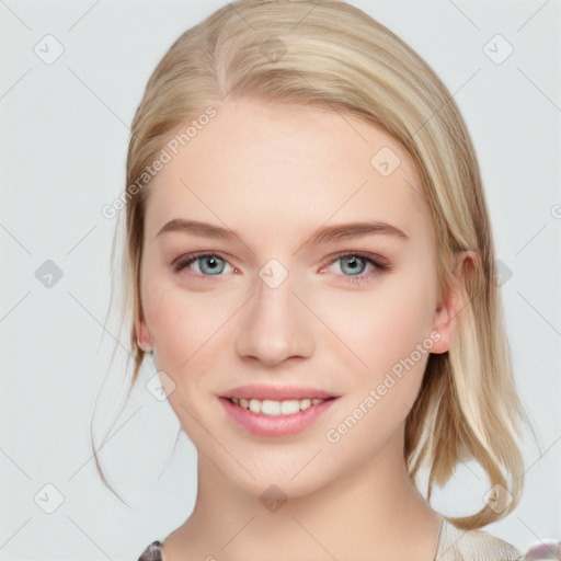 Joyful white young-adult female with medium  brown hair and blue eyes