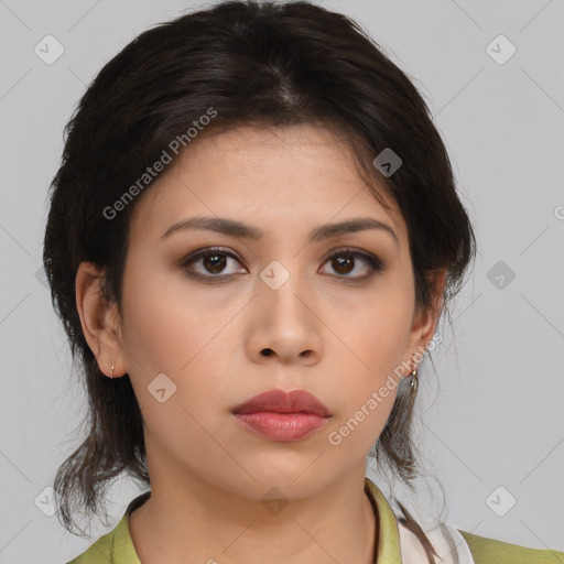 Neutral asian young-adult female with medium  brown hair and brown eyes