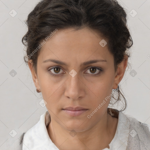 Neutral white young-adult female with short  brown hair and brown eyes