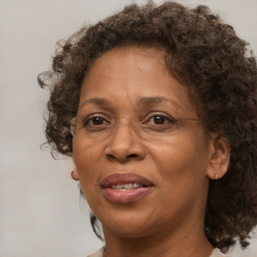 Joyful black adult female with medium  brown hair and brown eyes