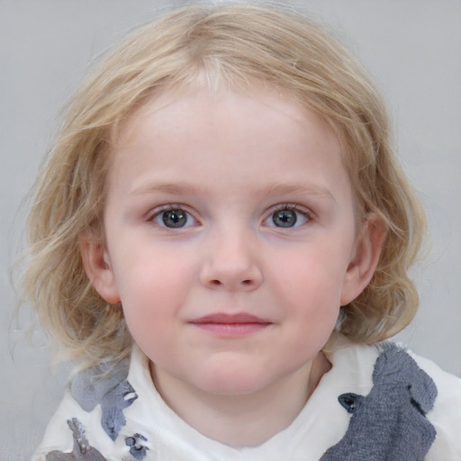 Joyful white child female with medium  brown hair and blue eyes