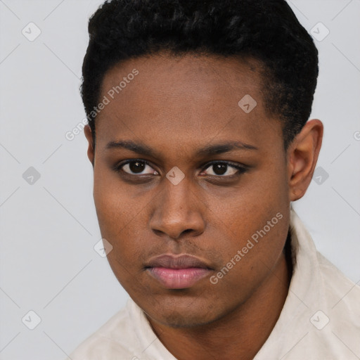 Neutral black young-adult female with short  brown hair and brown eyes