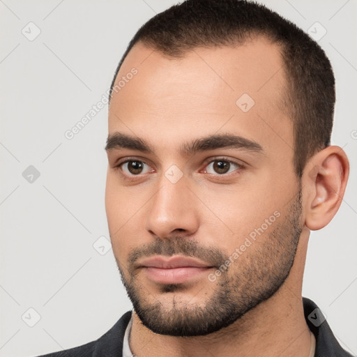 Neutral white young-adult male with short  brown hair and brown eyes