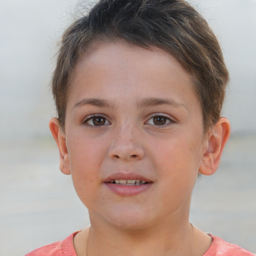 Joyful white child female with short  brown hair and brown eyes