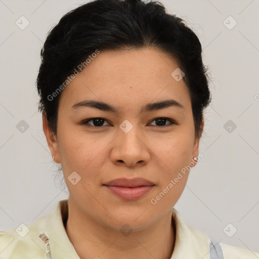 Joyful latino young-adult female with medium  brown hair and brown eyes