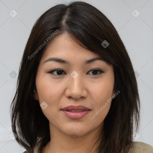 Joyful asian young-adult female with medium  brown hair and brown eyes