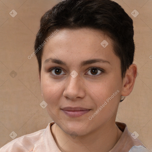 Joyful white young-adult female with short  brown hair and brown eyes