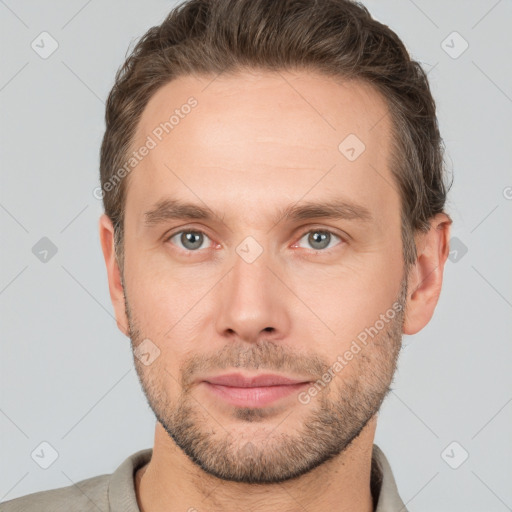 Neutral white young-adult male with short  brown hair and brown eyes