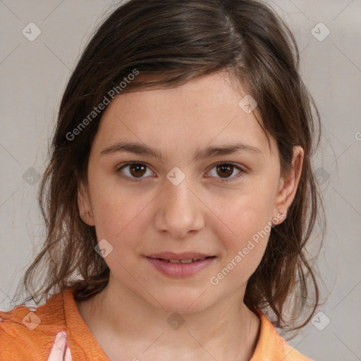 Joyful white child female with medium  brown hair and brown eyes