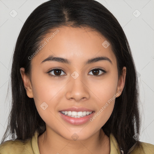 Joyful asian young-adult female with long  brown hair and brown eyes