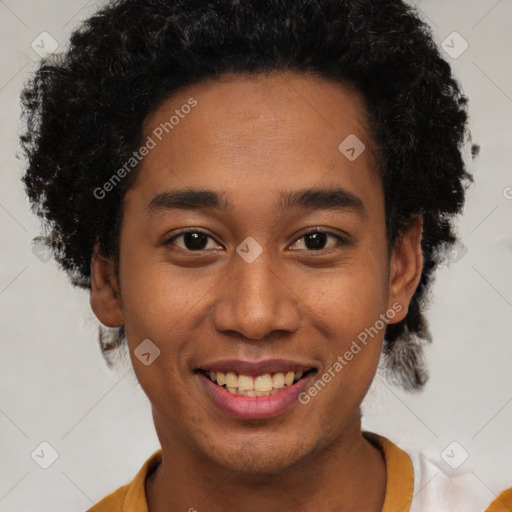 Joyful black young-adult male with short  brown hair and brown eyes