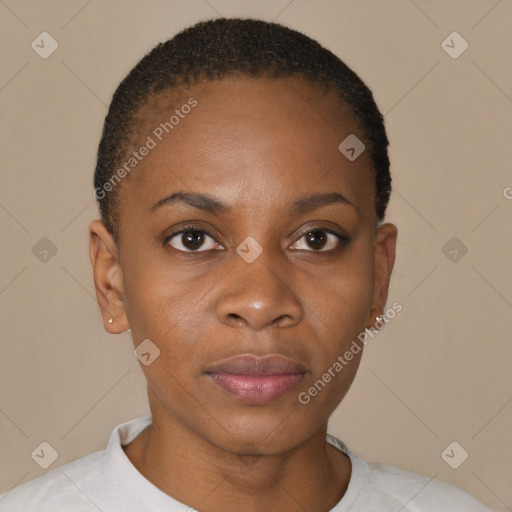 Neutral black young-adult female with short  brown hair and brown eyes