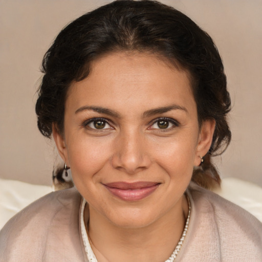 Joyful white young-adult female with medium  brown hair and brown eyes