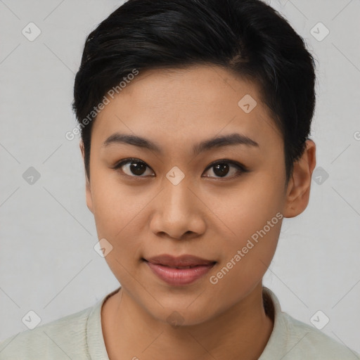 Joyful asian young-adult female with short  brown hair and brown eyes