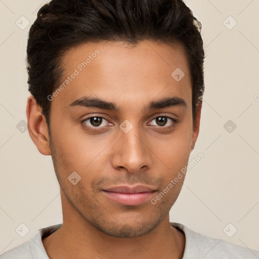 Neutral white young-adult male with short  brown hair and brown eyes