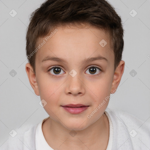 Joyful white child female with short  brown hair and brown eyes