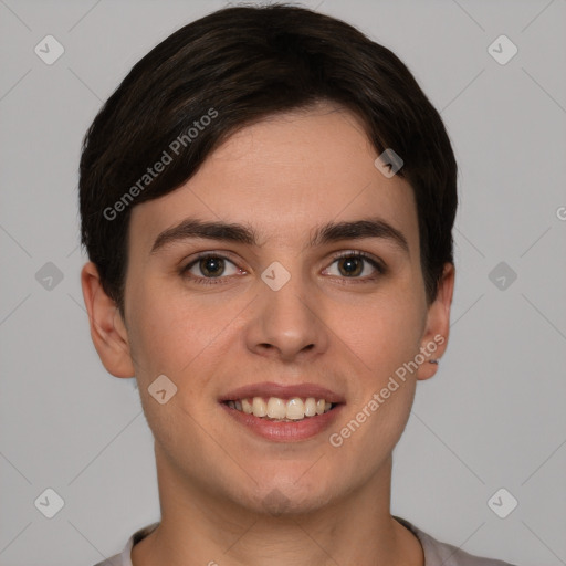 Joyful white young-adult female with short  brown hair and brown eyes