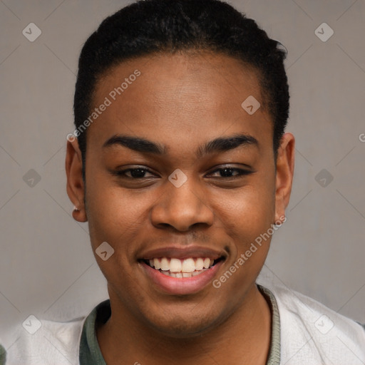 Joyful latino young-adult female with short  black hair and brown eyes